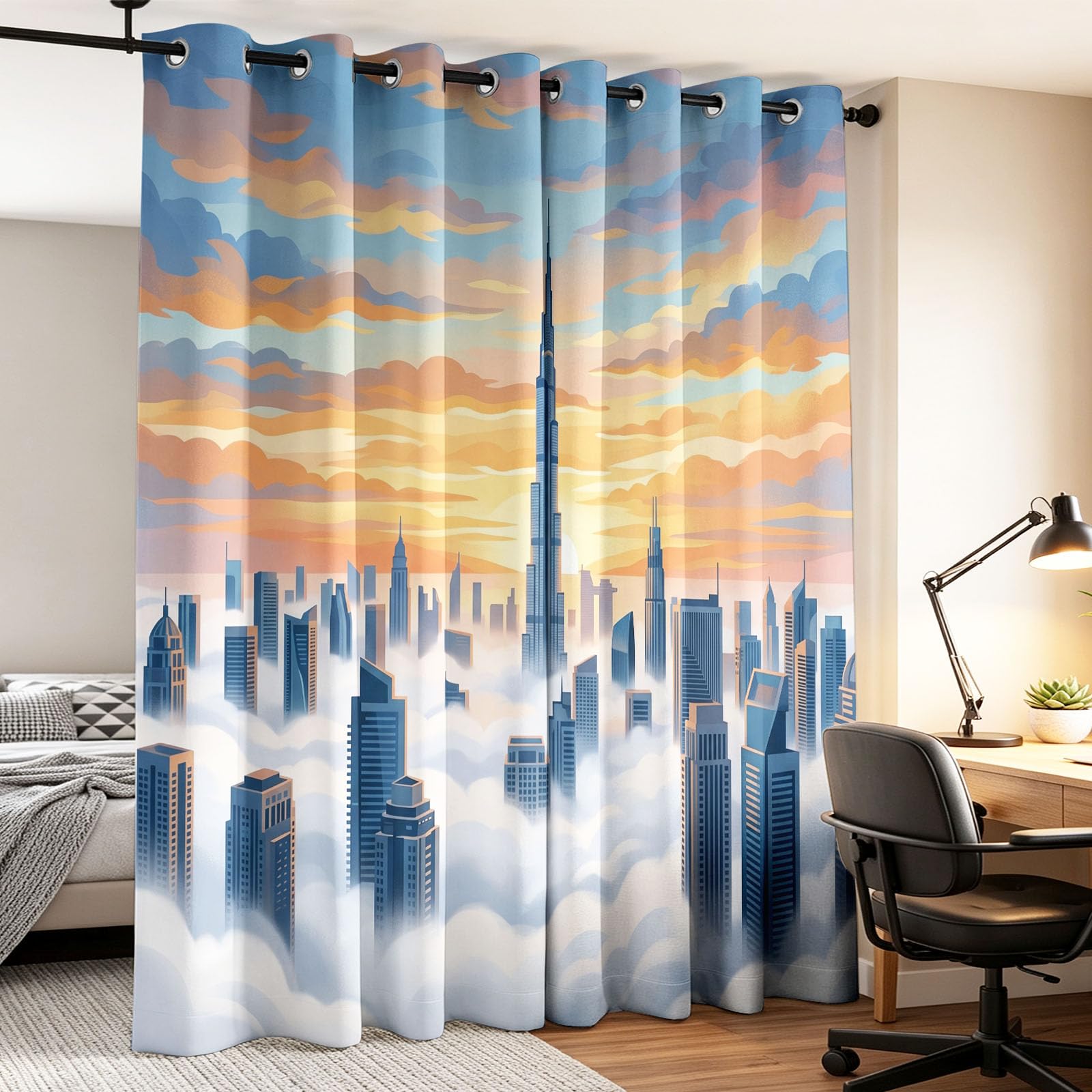 Générique Lot de 2 Rideau Occultant Moderne Cinématique Nuage Ville 140L x 1220H CM, Rideaux Thermique Isolant Anti Froid, Rideau Occultant - Rideaux Fenetre pour Chambre et Salon