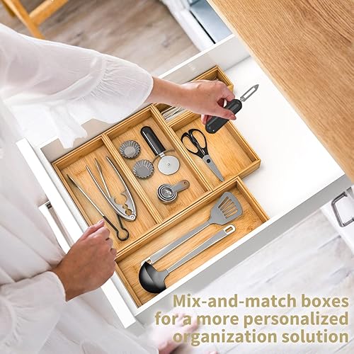 Miniatura 2 de Organizador de cajones de cocina de bambú, bandeja apilable para cubiertos, organizador de cubiertos para cocina, caja de almacenamiento de madera