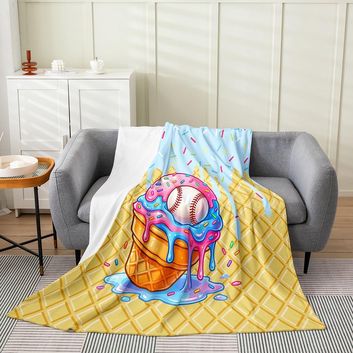 Erosebridal Baseball Ice Cream Blanket Queen 90x90 Ice Cream Fleece Flannel Blanket for Bed Sofa Crib Trendy Baseball Sports Fuzzy Plush Throw Ball Gaming Bedroom Decor
