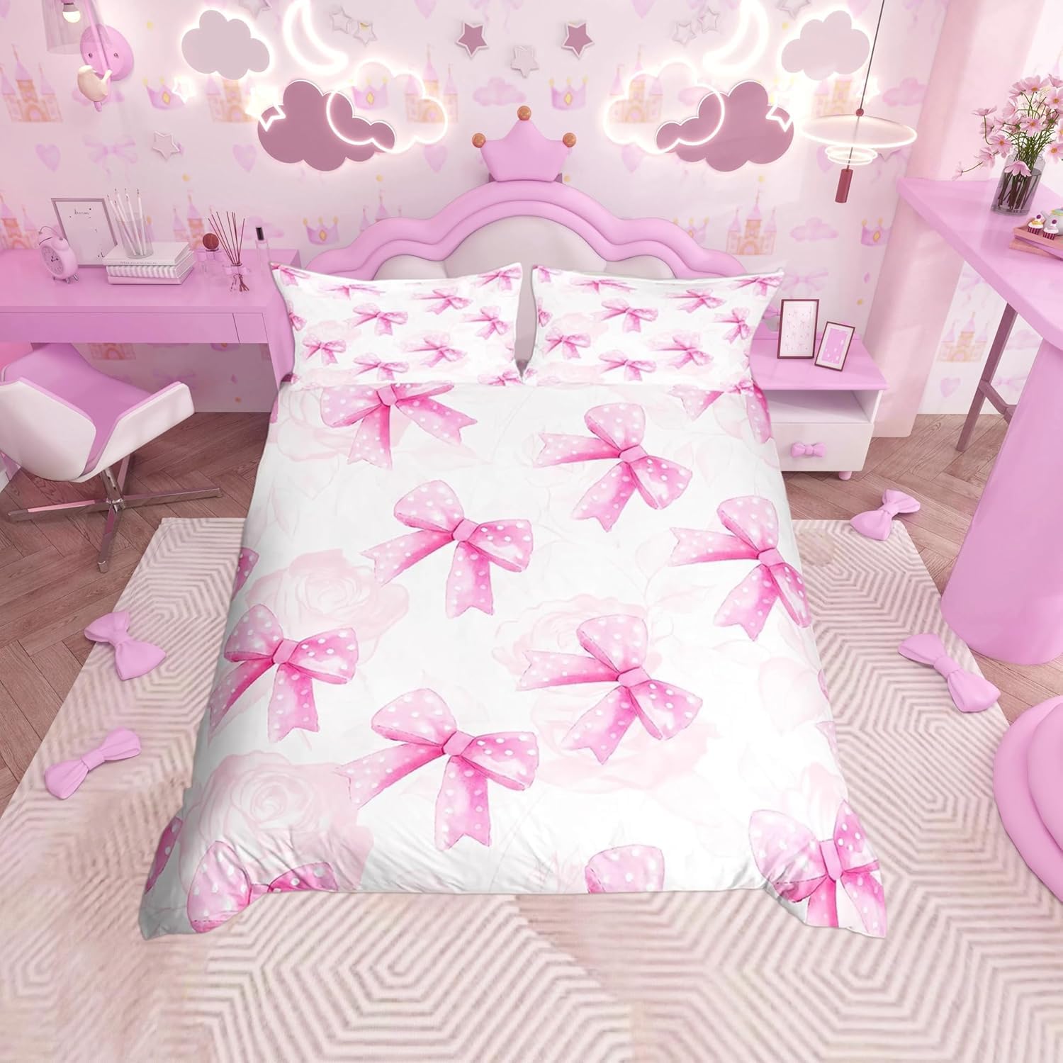 Homemissing Rose Pink Bowknot Duvet Cover Set Cot Size For Kids Girls Teens Bedroom Cute Coquette Bow Bedding Set Rose Bow Ribbon Comforter Cover with 1 Pillowcase
