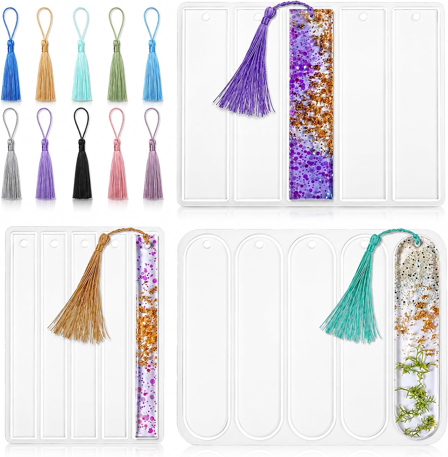 3PCS Resin Bookmark Mold Silicone, 15-Cavity Set with 20 Tassels Silicone Molds for Epoxy Resin Crafting