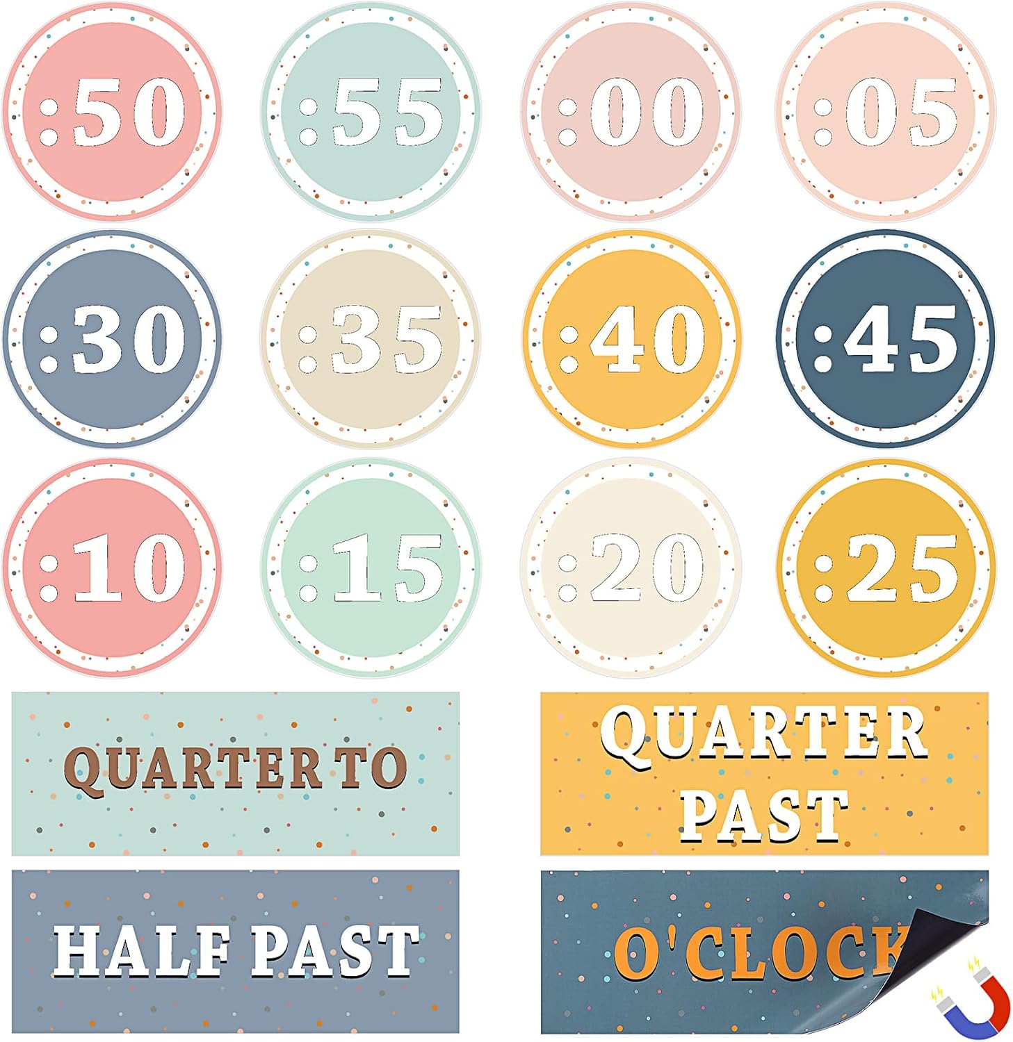 16 Pcs Pastel Clock Numbers Labels, Telling Time Classroom Decorations Elementary, Magnetic Modern Clock Labels for Home School Classroom Wall Decor Math Class Must Have