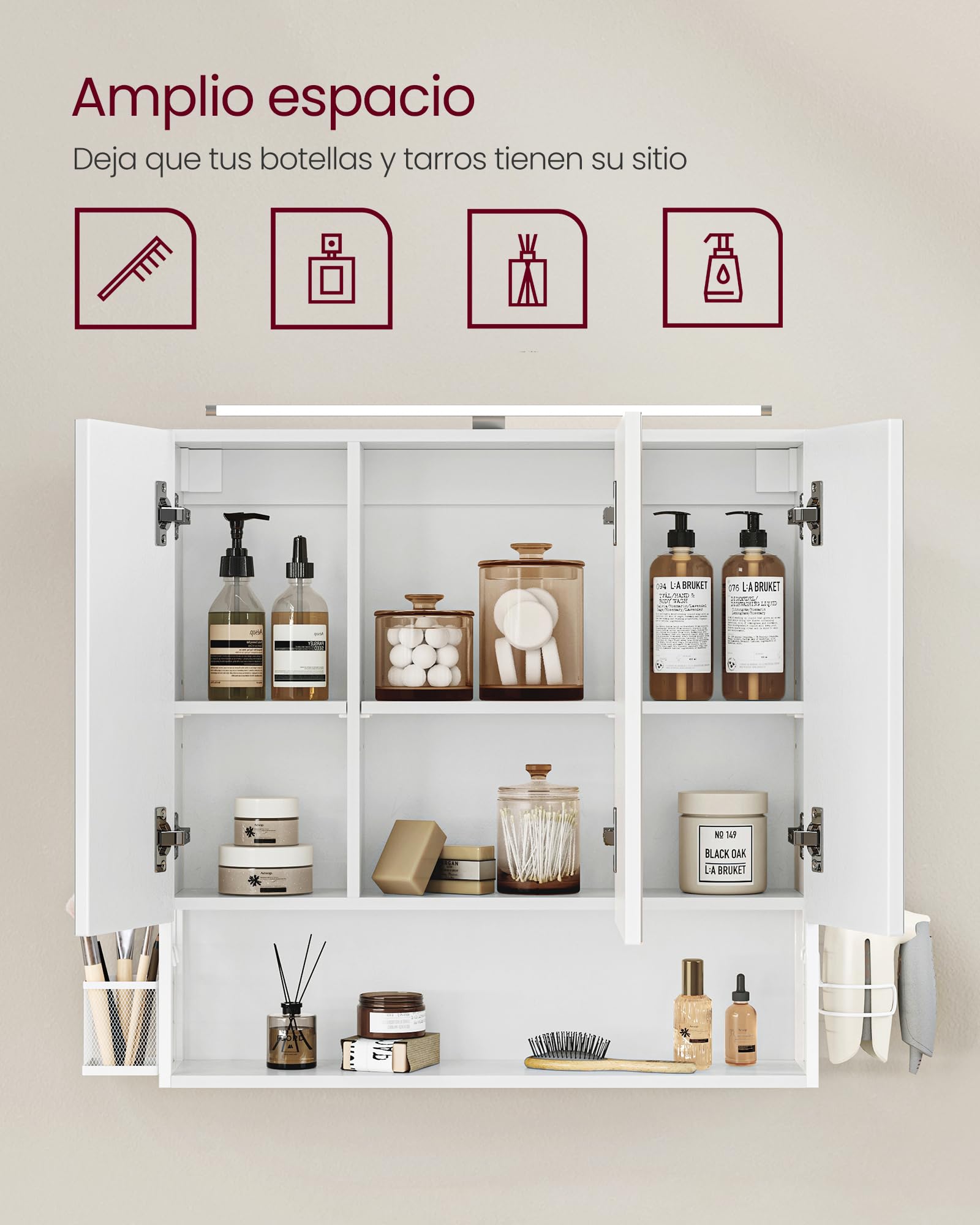 VASAGLE Armario de Baño con Iluminación LED, 14,5 x 70 x 70 cm, Espejo 3 Puertas, Mueble de Pared con Espejo, Enchufe, Cesta, Soporte para Secador, Blanco Nube BBK124W14