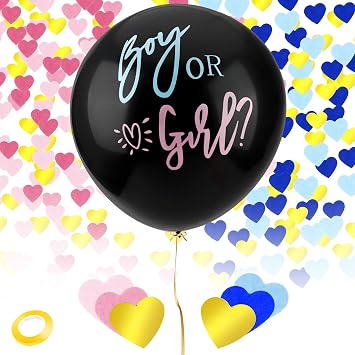 Gender Reveal Balloon Kit - 36 Inch Black Confetti Balloon With Blue Pink Confetti for Baby Boy or Girl Party Supplies and Ideas