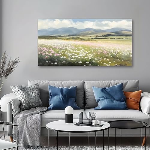 Miniatura 4 de 30"x 60" Large Wall Art Gold Framed Vintage Landscape Wildflowers Mountain Painting Open Field Painting Picture Print on Canvas Wall Art for Living