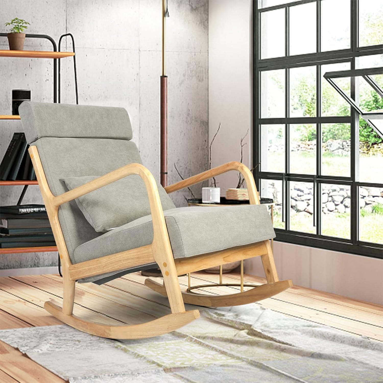 Glider Rocking Chair Solid Wood, Upholstered Accent Chair with High Back, Rocking Chair for Nursery,Glider Rocker Chair for for Living Room, Bedroom,Grey Linen