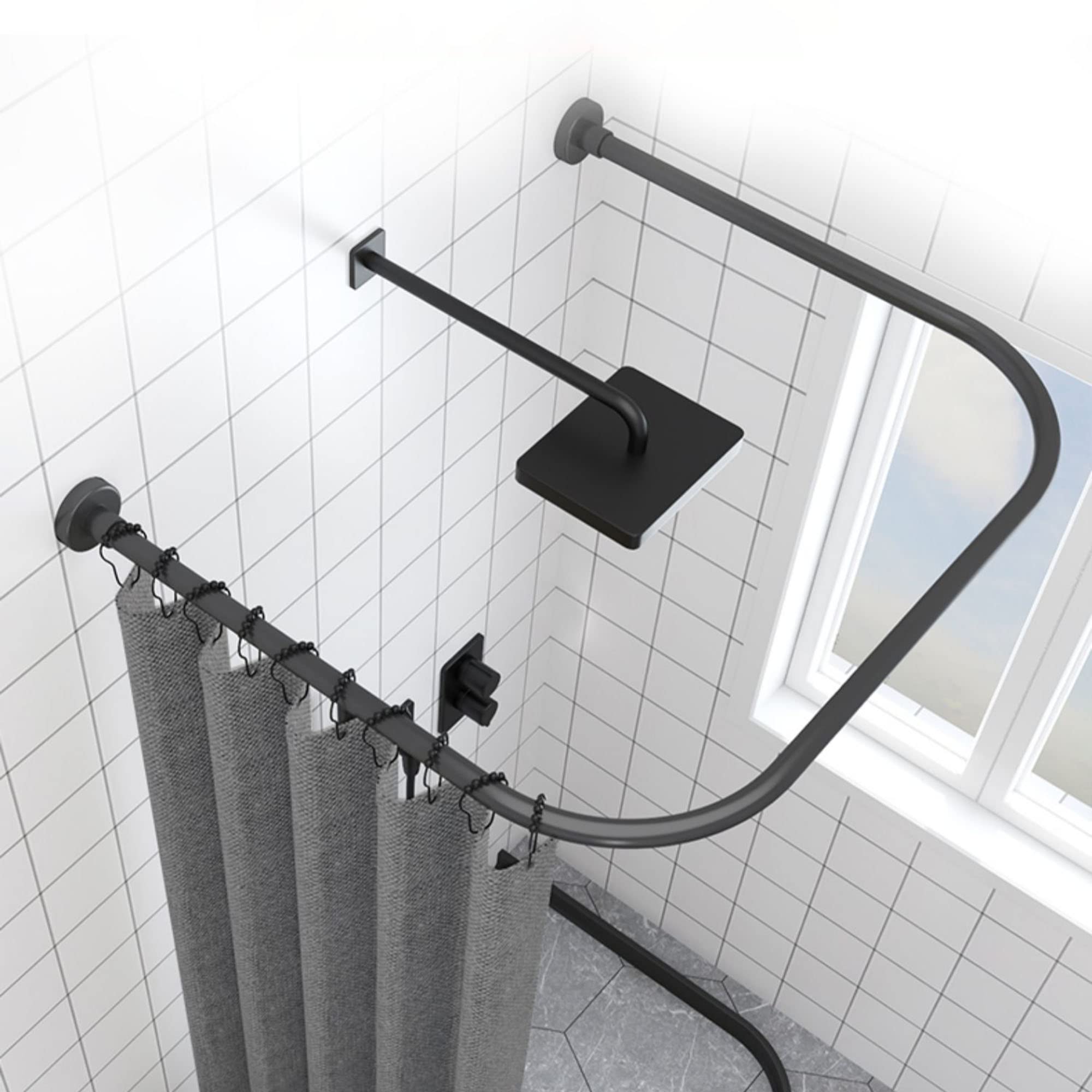GLDYTVF Adjustable Black Shower Curtain Rod, U-Shaped Extendable Tension Rod, Wall-Mounted Stainless Steel Bathtub Curtain Rail for Bathroom Decor