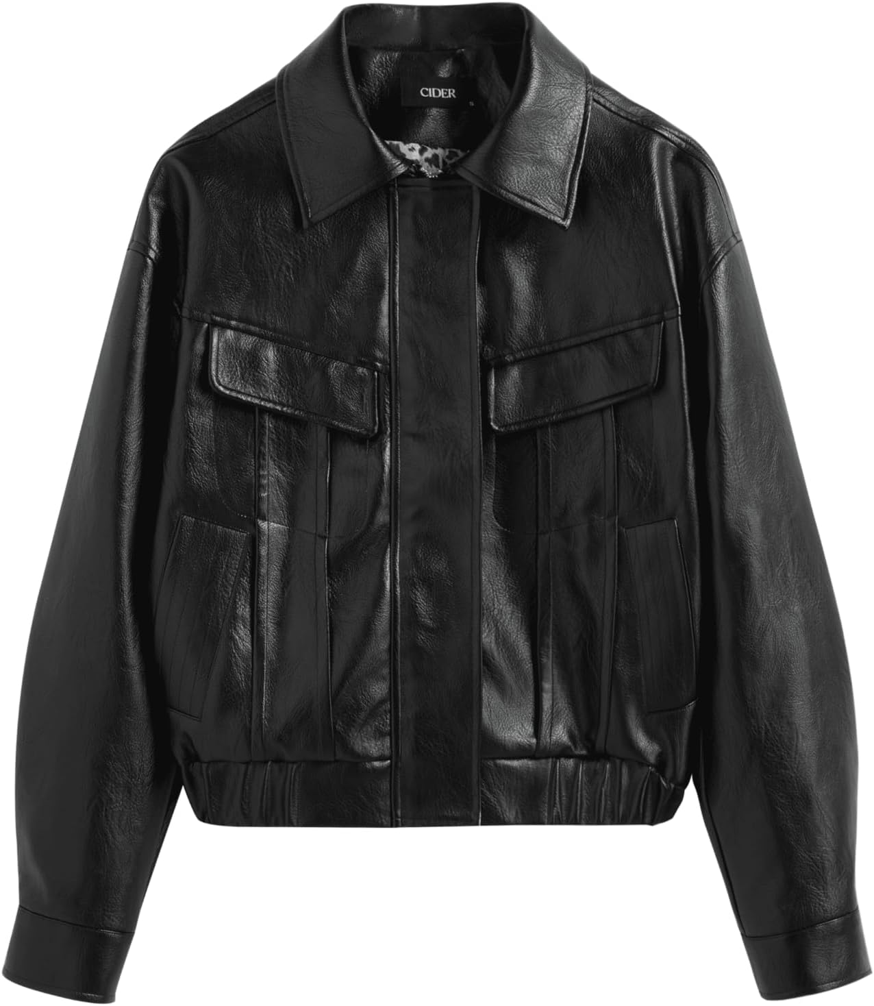 CIDER Faux Leather Collar Soild Pocket Jacket Women's Faux Leather Jacket Cool Long Sleeve Outerwear