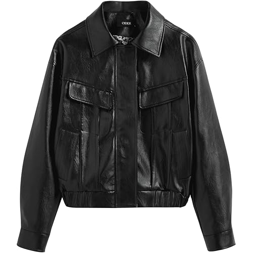 CIDER Faux Leather Collar Soild Pocket Jacket Women's Faux Leather Jacket Cool Long Sleeve Outerwear
