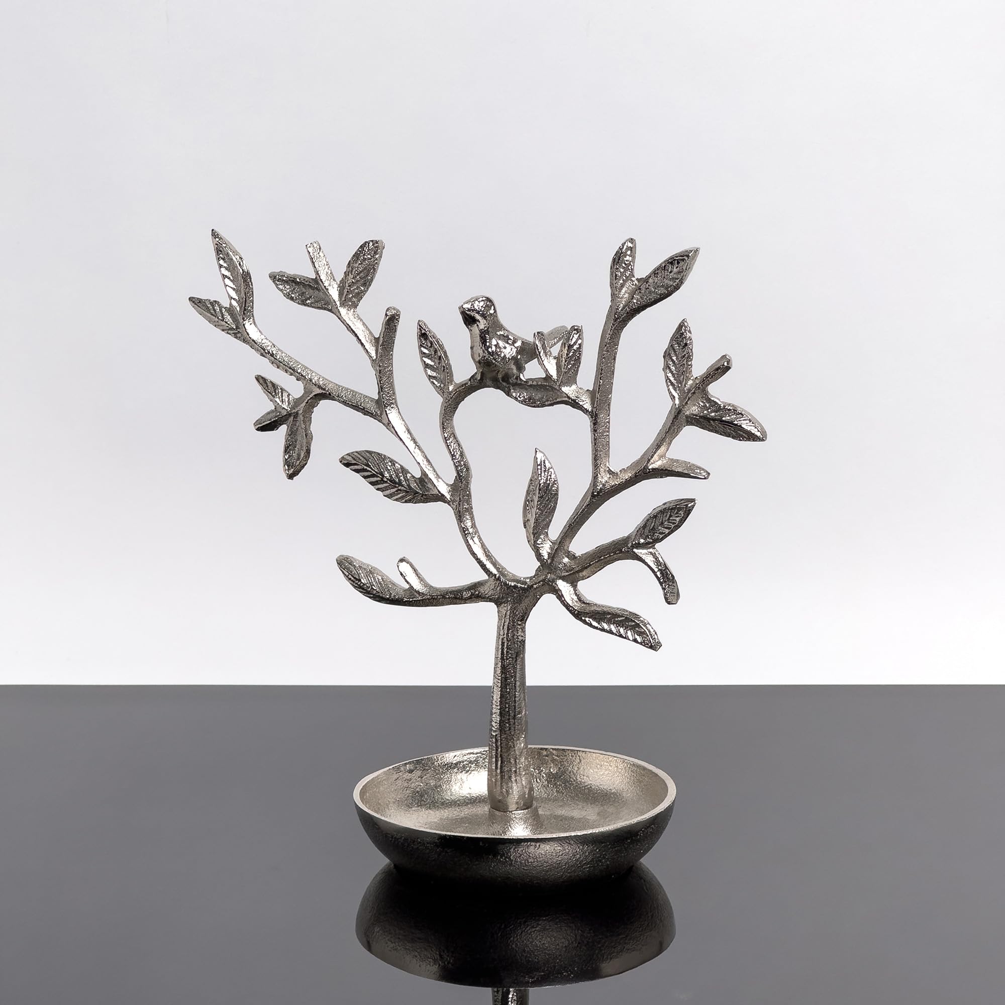 IHI EST. 1986 Organizador de joyas de aluminio plateado con forma de árbol con pájaro, 25,4 x 12,7 cm para anillos y pulseras