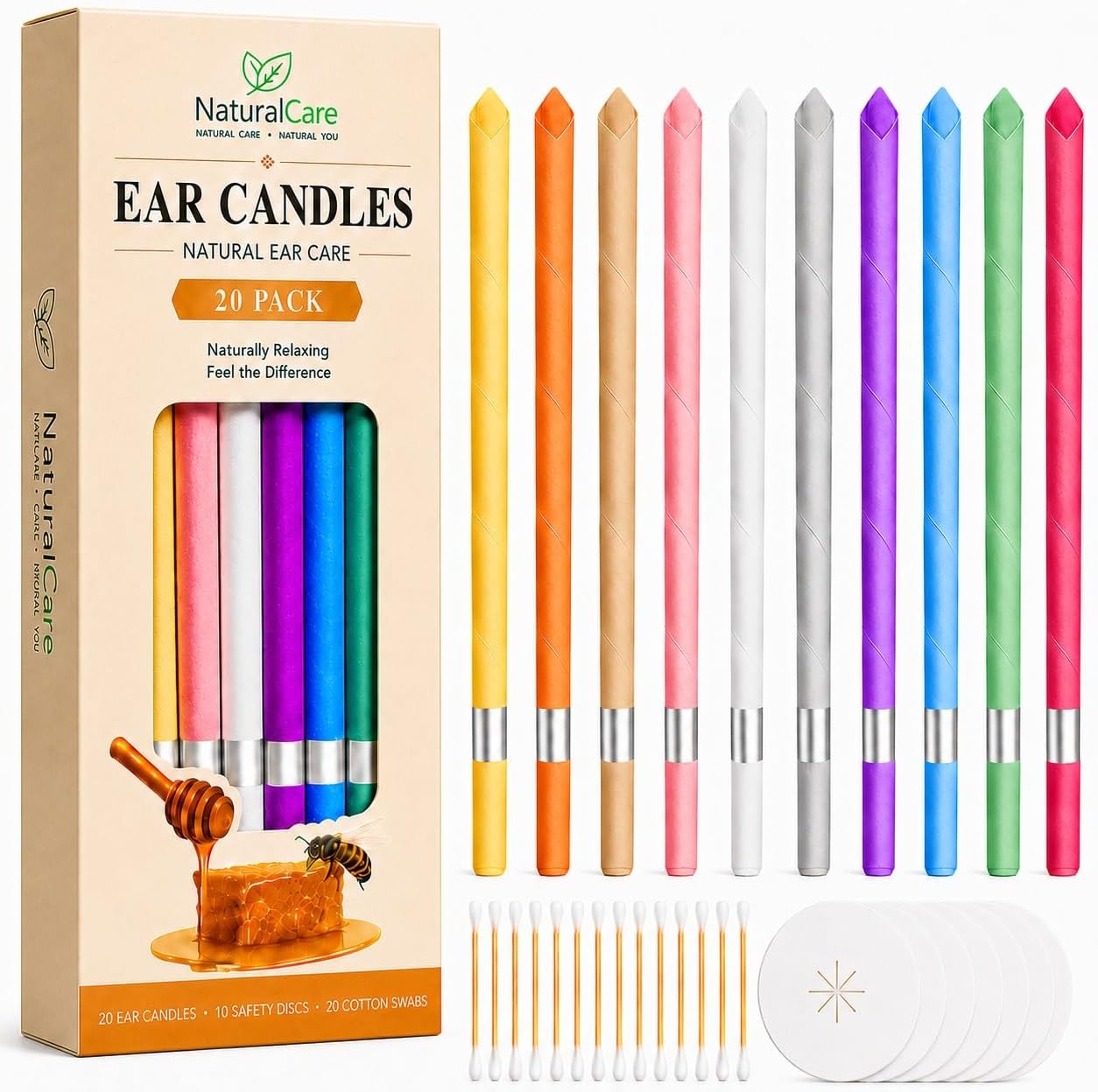 20 Pcs Ear Wax Cleaning Set Available in 10 Colors and Fragrances, Includes Cotton Swabs, Candle Drip Protector, Beeswax,Storage