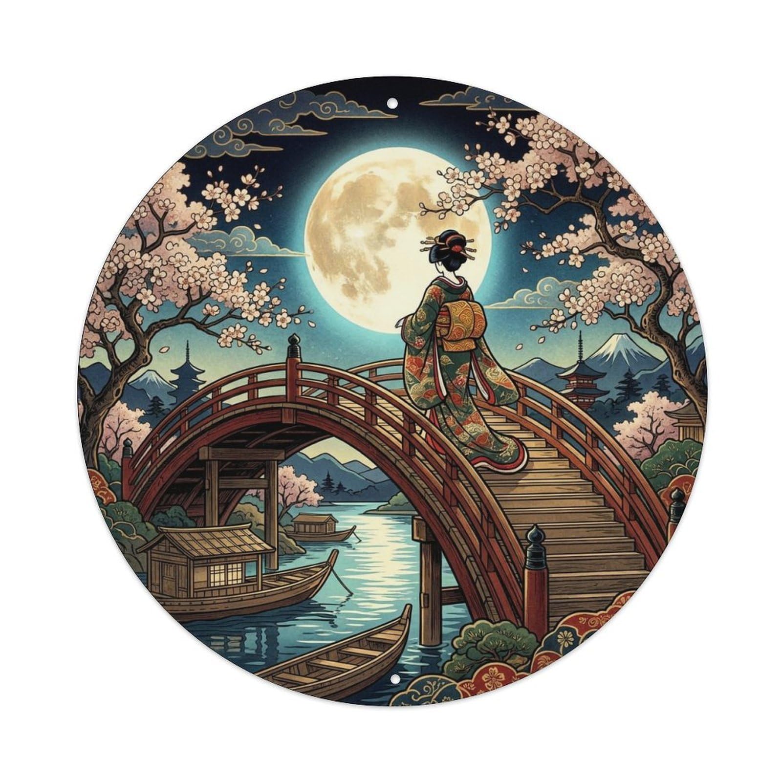 Japanese Arched Bridge Moonlight Geisha Metal Tin Sign