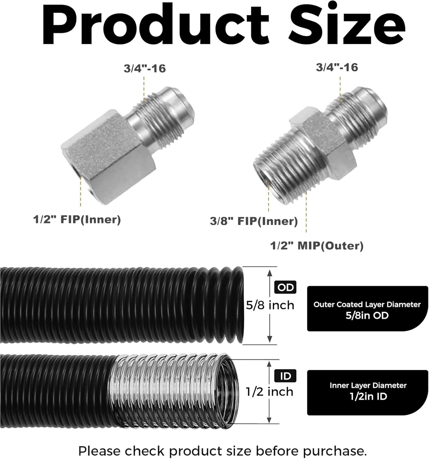 36" Non-Whistle Flexible Flex Gas Line Connector Kit for NG and LP Fire Pit and Fireplace Stainless Steel Hose-1/2" ID x 5/8" OD Black Hose With 1/2" MIP x 1/2" FIP Connector