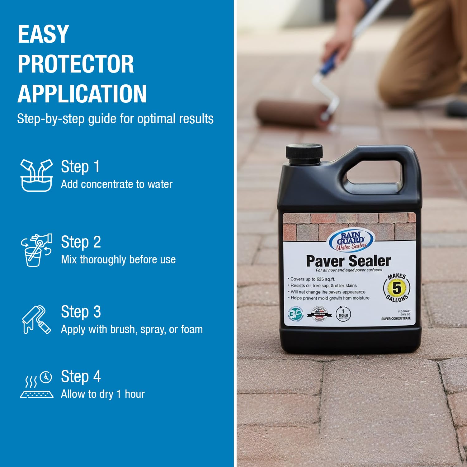 Rain Guard Paver Sealer Concentrate | Makes 5 Gallon | Protects Paver Surfaces Against Water, Oil, Sap and Stains | Water-Based Silane/Siloxane Acrylic | Eco-Friendly | Natural Finish