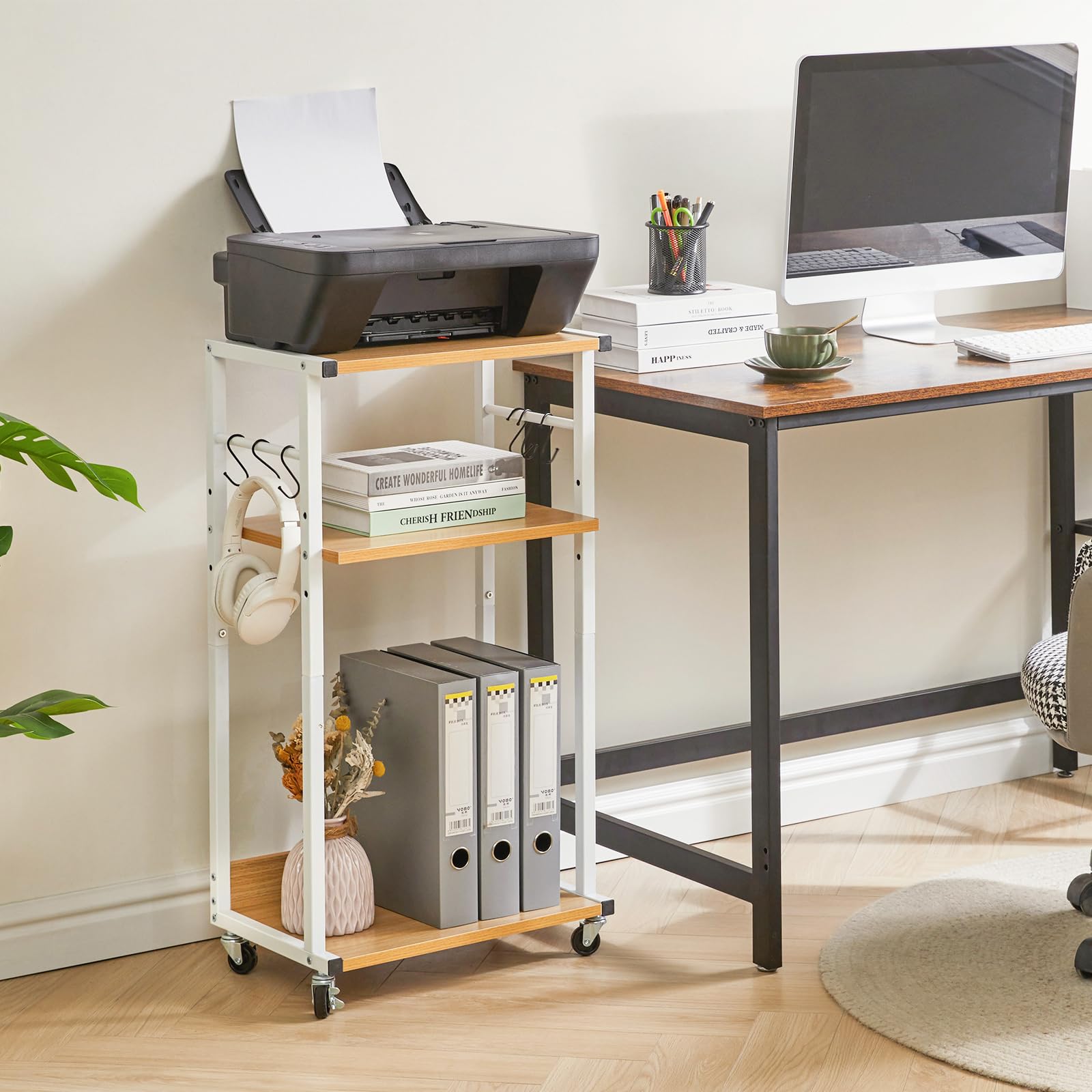 YMYNY Soporte para Impresión de 3 Niveles, Carro de Impresora de Escritorio, con Pies Ajustables y Ruedas Bloqueables, para Oficina, Cocina, Estilo Industrial, 44×30×82CM Color Natural HPT002N