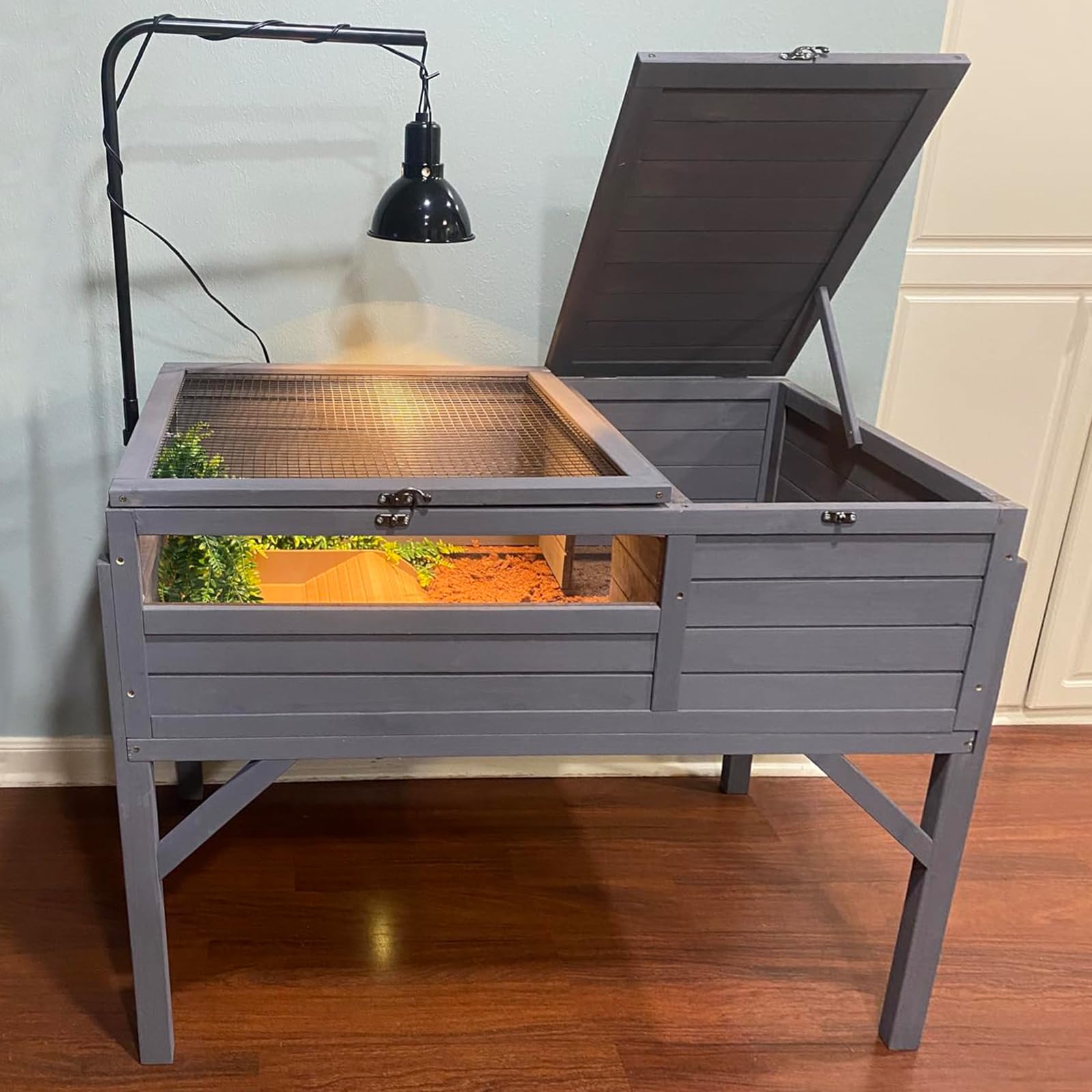 Tortoise Habitat with Adjustable Lamp Holder Wooden Reptile Enclosure Terrarium Transparent Acrylic View Elevated Detachable Legs and Easy Clean Full Tray Small Animals Indoor Outdoor