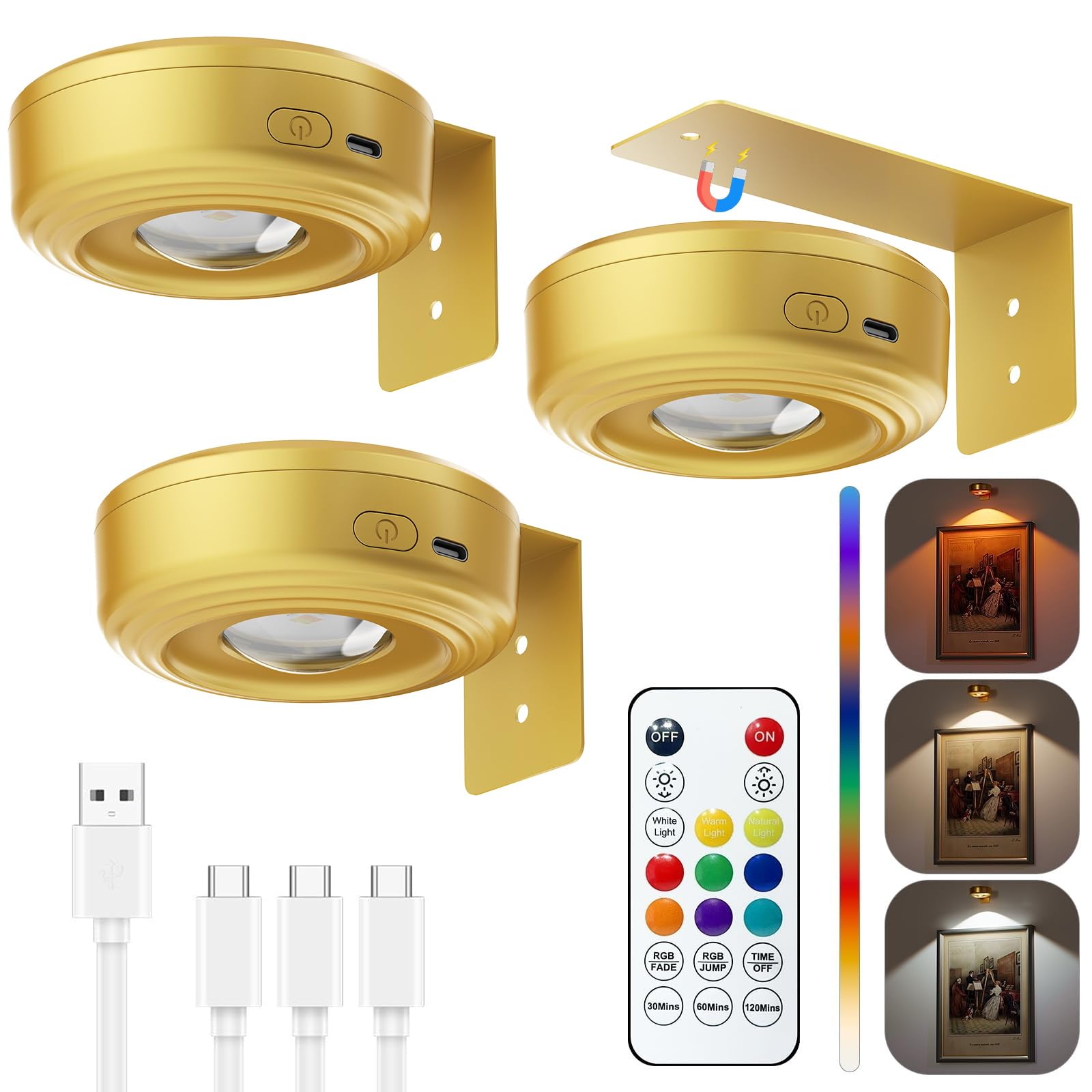 Skairipa Lot de 3 lampes magnétiques pour tableau mural, batterie rechargeable de 2200 mAh, doré