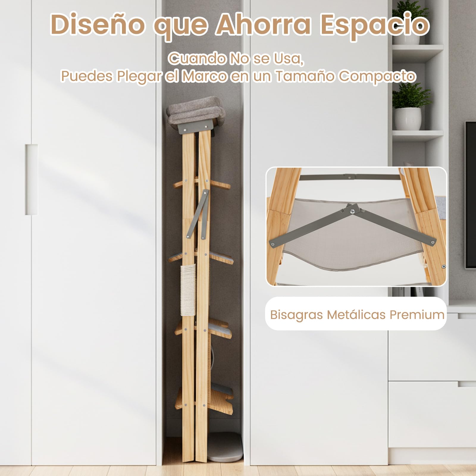 COSTWAY Árbol para Gatos de Madera Maciza, 151 cm, Rascador Gato Plegable con Escalera, Torre Alta para Gatitos de 5 Niveles con Cama, Perchero Tapizado y Poste Rascador de Sisal, Natural y Gris
