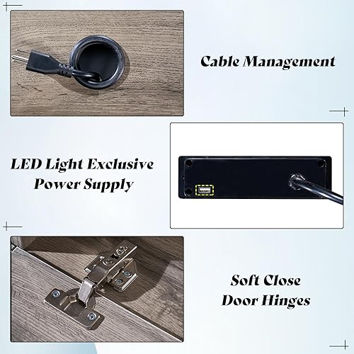 Miniatura 8 de AMERLIFE Soporte de TV flotante de 70 pulgadas con luces LED y toma de corriente, textura de madera de alto brillo montado en la pared, centro de