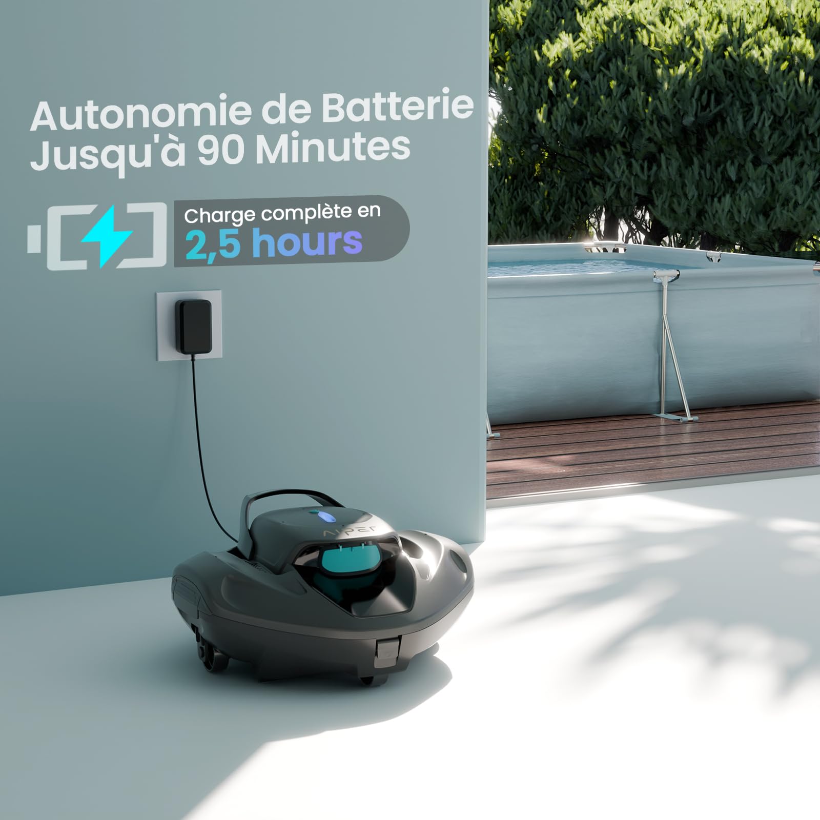 AIPER Seagull 800B Robot Piscine sans Fil, Aspirateur Piscine, 90 Min d’Autonomie, Stationnement Automatique, Forte Aspiration, Affichage LED, pour Piscines Hors-Sol Jusqu’à 80 m²