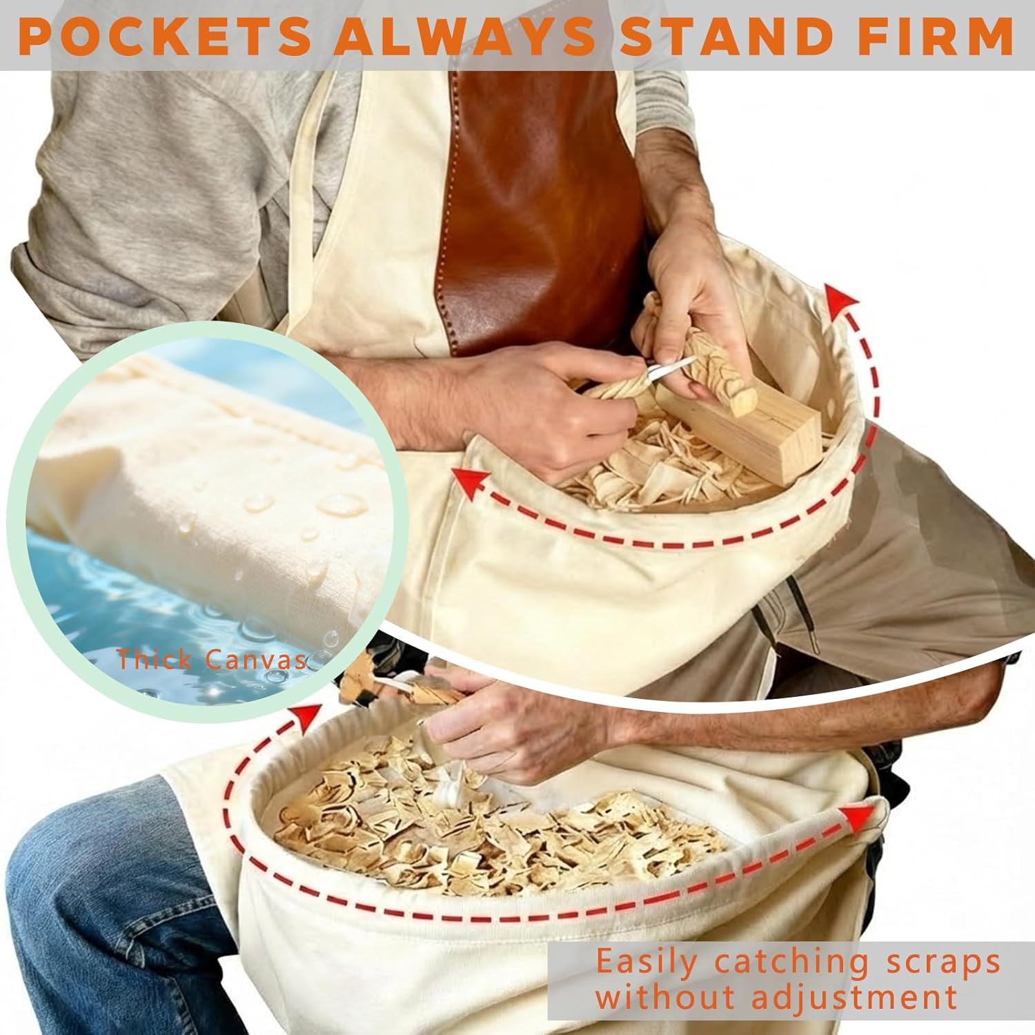 Woodcarving Apron-Work Apron with Brown Leather Chest Patches, Tool Pocket