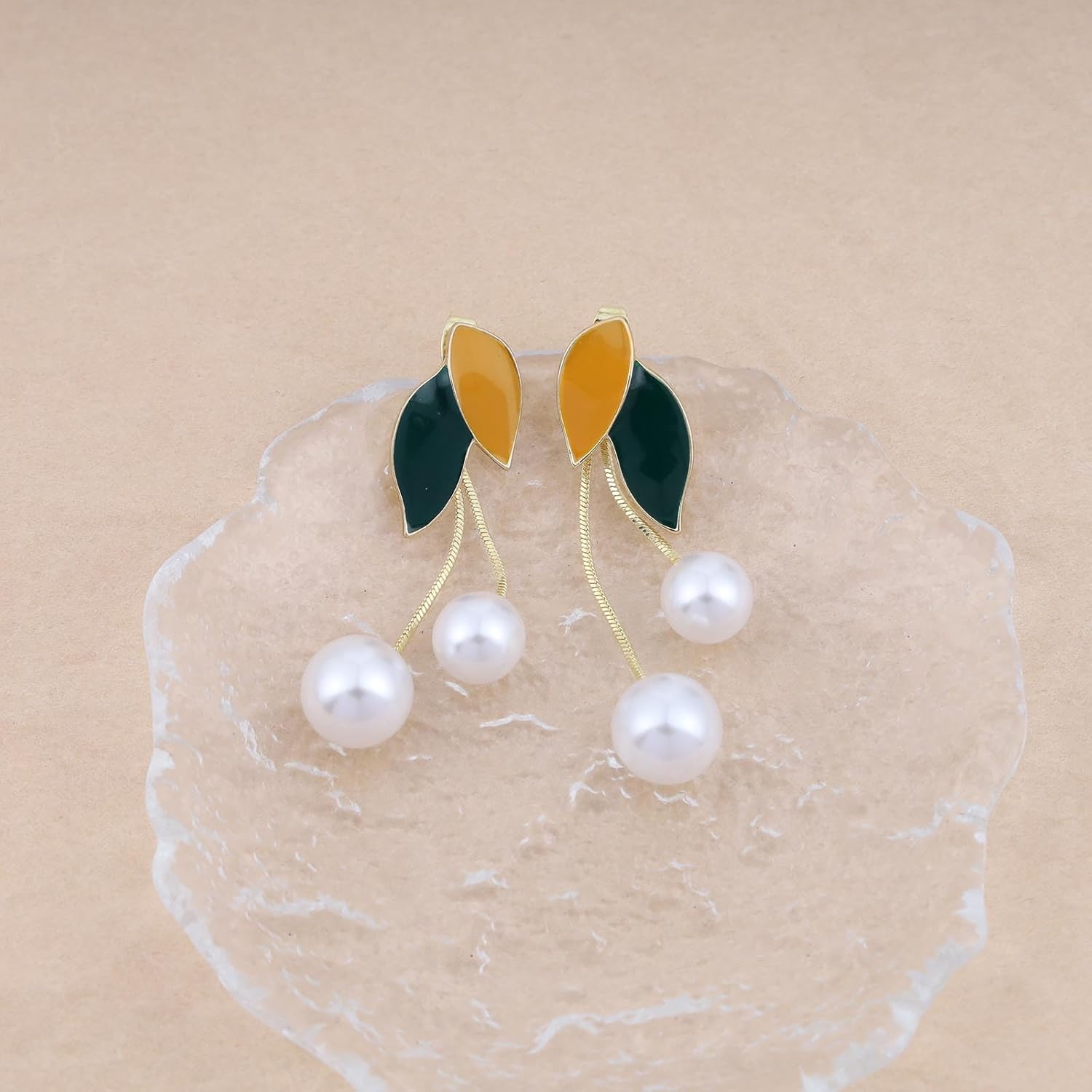 Bohemian Leaf Pearl Jacket Earrings Gold Pearl Sleek Chain Dangle Earrings Round Pearl Drop Earrings Green Enamel Leaf Stud Earrings Jewelry for Women - Image 3