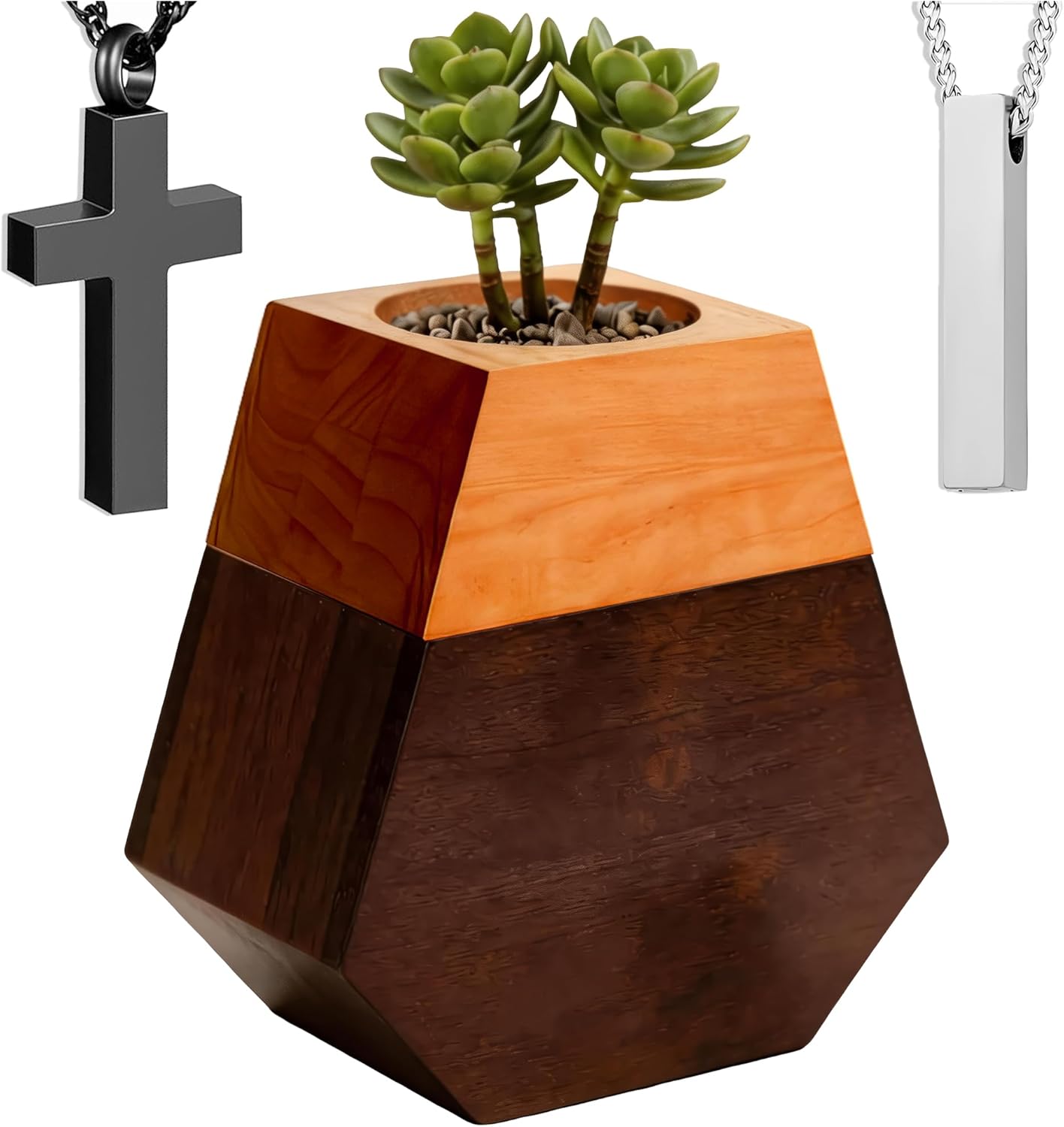 Americurn Plant Cremation Urns for Human Ashes Adult Male & Female Includes 1 Large Urn & 1 Silver & 1 Black Cross Necklace- Wooden Urns for Human Ashes