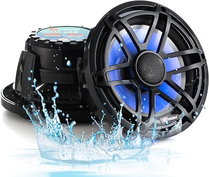 H YANKA MC-65B 6.5-Inch Marine Speakers, 750W, Blue LED, Pair | 2-way coaxial boat speakers for upgrading stereo sound on boats, UTVs, ATVs, and outdoor marine systems.