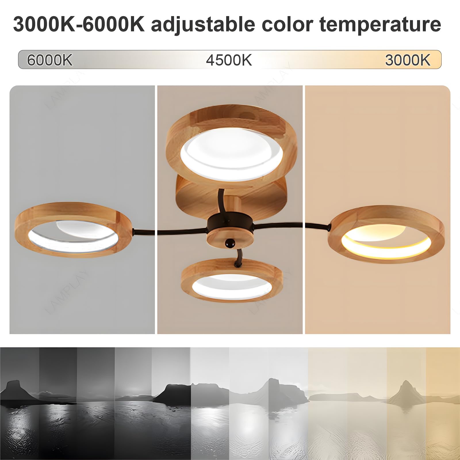Moderne LED-Deckenleuchte, Ø74cm Kronleuchter Dimmbar Mit Fernbedienung 3000K-6000K, Schwarzer Arm + 4 Holzringe, Metallkreis-Lampenschirm, Wohnzimmer Schlafzimmer Esszimmer Arbeitszimmer Büro