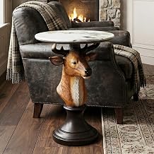 Creative Deer Head Side Table with Faux Marble Top, 26.5 Inch Tall Artistic Animal Sculptural End Table, Unique Nature-Inspired Accent Furniture for Man Cave & Bedroom,Cabin Decor