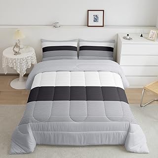 Grey Striped Comforter Set Full Size, Black White Stripe Print Patchwork Bedding Set for Teens Boys kids Women Adult Bedroom, Ombre Lines Down Comforter Rustic Farmhouse Decor Soft Microfiber Quilt