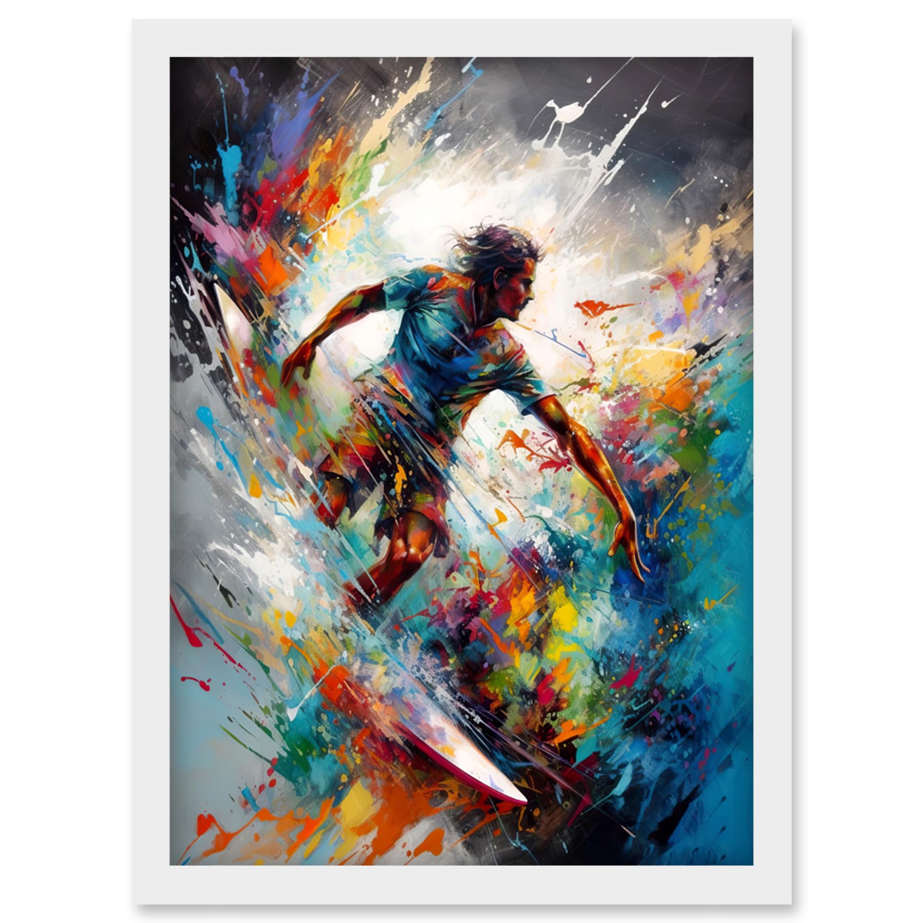 Artery8 Surfer Surfing on Rainbow Paint Splat Waves Artwork Framed Wall Art Print A4