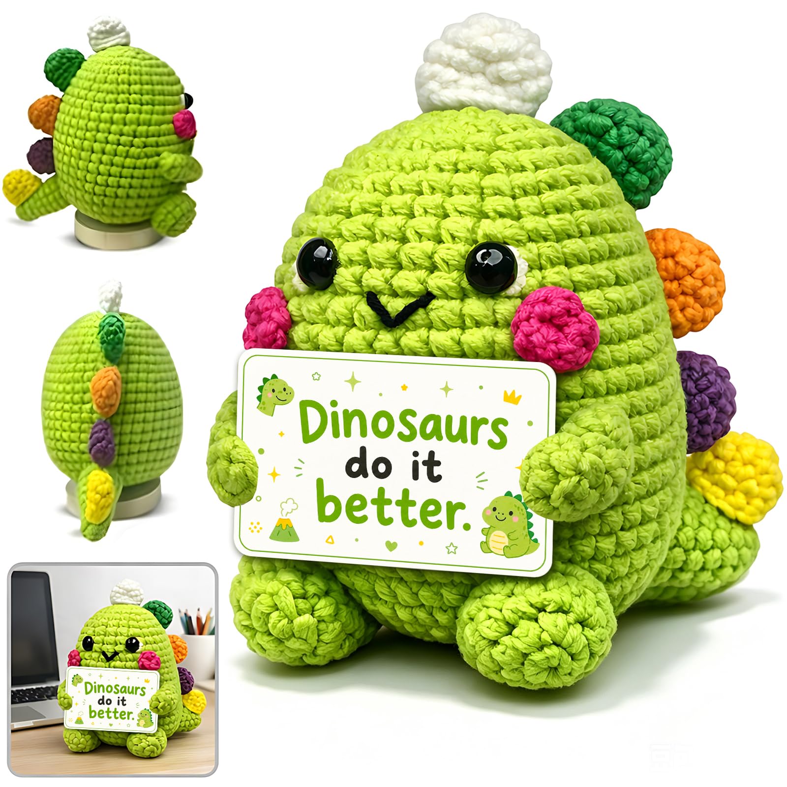 Orsefeliy Dinosaur Emotional Support Crochet (No Base), Positive Crochet Toy with Encouragement Card, Cute Crochet Animals, Positivity Dinosaur Gifts for Student, Best Friend and Coworker