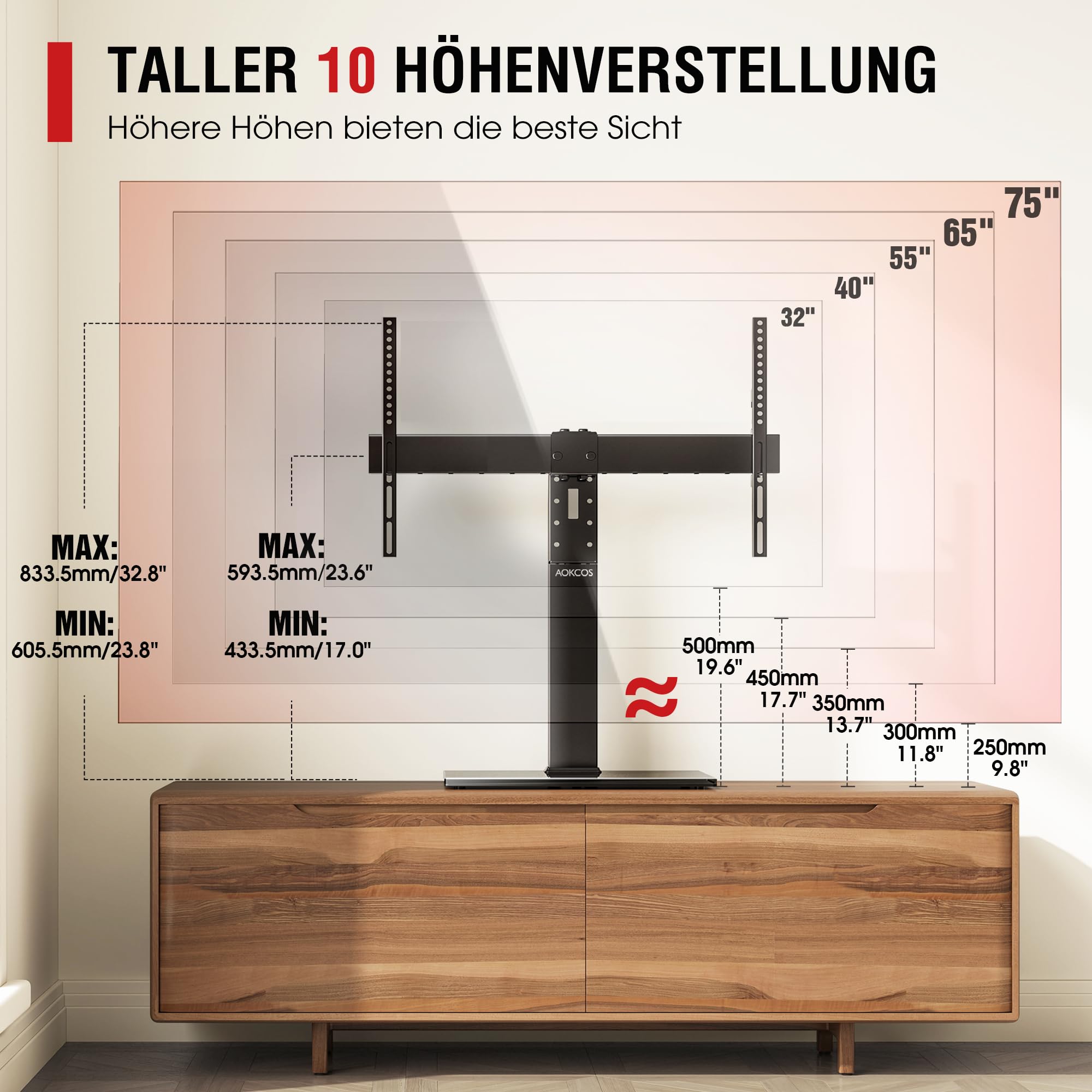AOKCOS TV Standfuss TV Ständer Schwenkbar Höhenverstellbar für 32-75 Zoll Fernseher bis zu 50 KG, Höher 834mm Universal TV Standfüße Fernsehständer Max VESA 600x400 mm