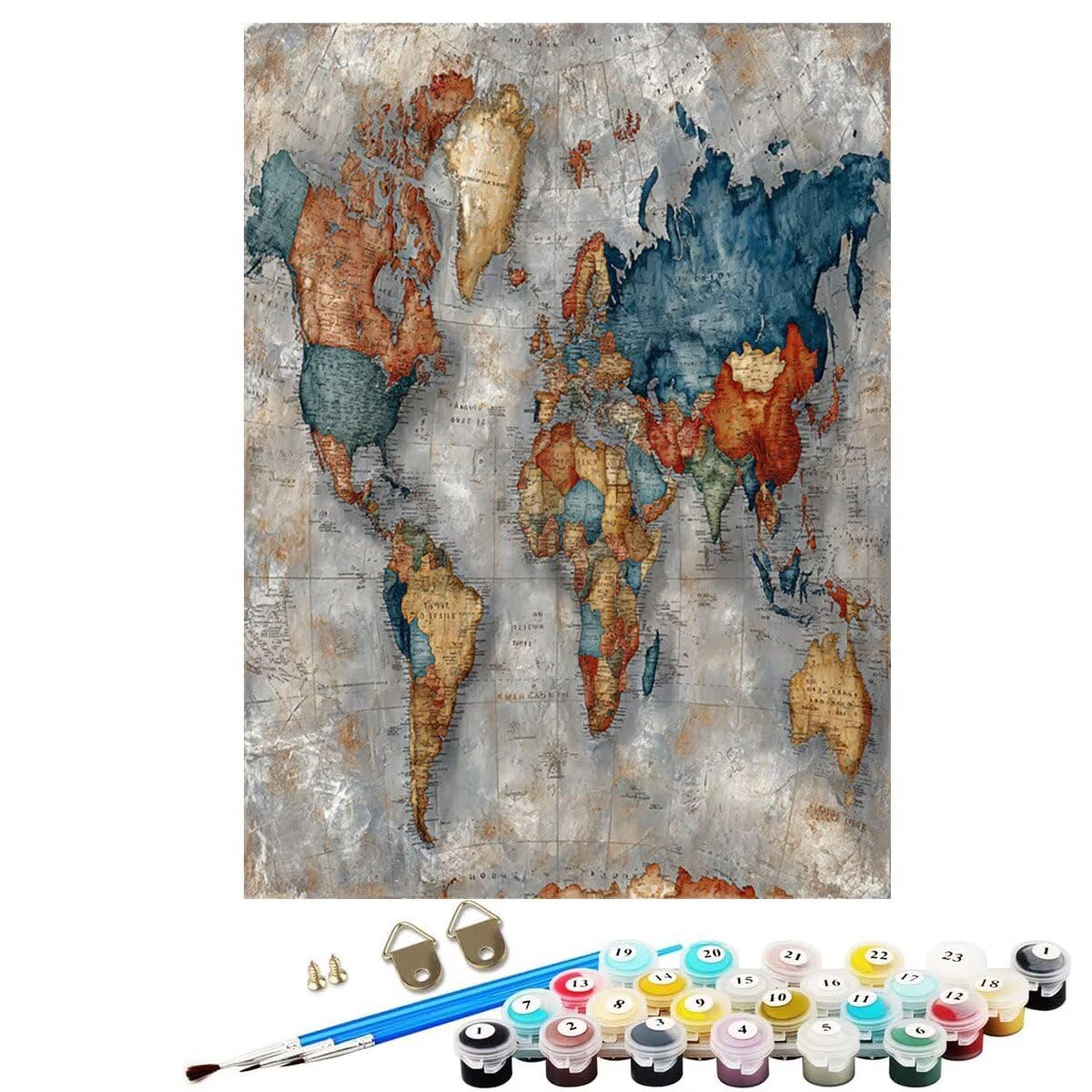Mapa Malowanie według liczb dla dorosłych, malowanie według numerów mapa świata, DIY DIY Malowanie według liczb Zestaw dla dorosłych z 36 farbami akrylowymi i 3 pędzlami, dekoracja domu prezent dla