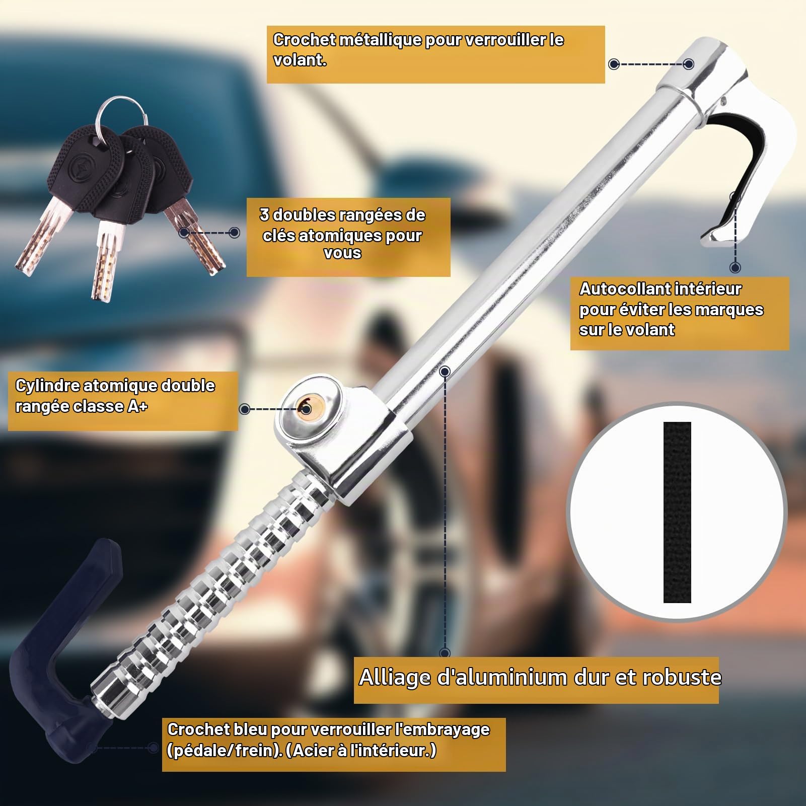 Turnart Antivol Volant, Canne Antivol Voiture, Bloque Volant Auto, FabriquÉ En Acier Inoxydable, Avec 3 Clés (Gris)