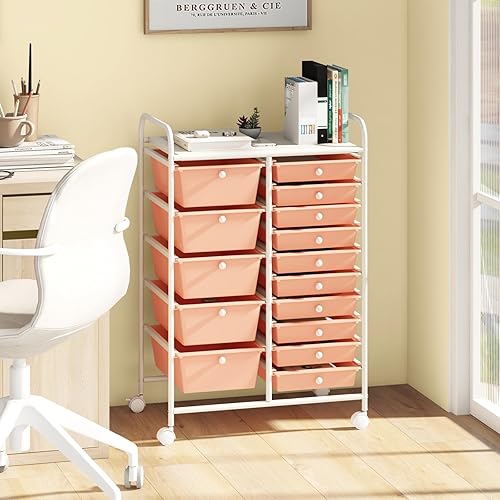 Vista 173 de LDAILY Carrito de almacenamiento con ruedas de 15 cajones, carrito rodante con cajones para aula, organizador de manualidades con ruedas con marco