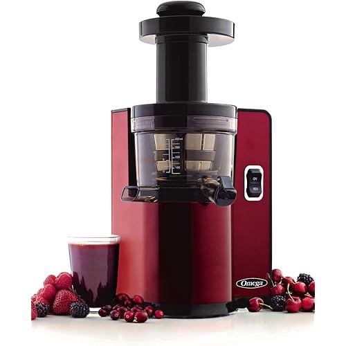 Omega VSJ843QR Vertical Masticating Juicer, 43 RPM Compact Cold Press Juicer Machine with Automatic Pulp Ejection, 150 W, Red
