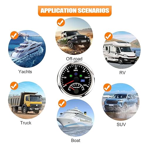 Miniatura 7 de Medidor de cuentakilómetros GPS de 3.346 in de 0-120 MPH con tacómetro de 8000 RPM para coche, barco, velocímetro, tacómetro para auto marino, ATV,