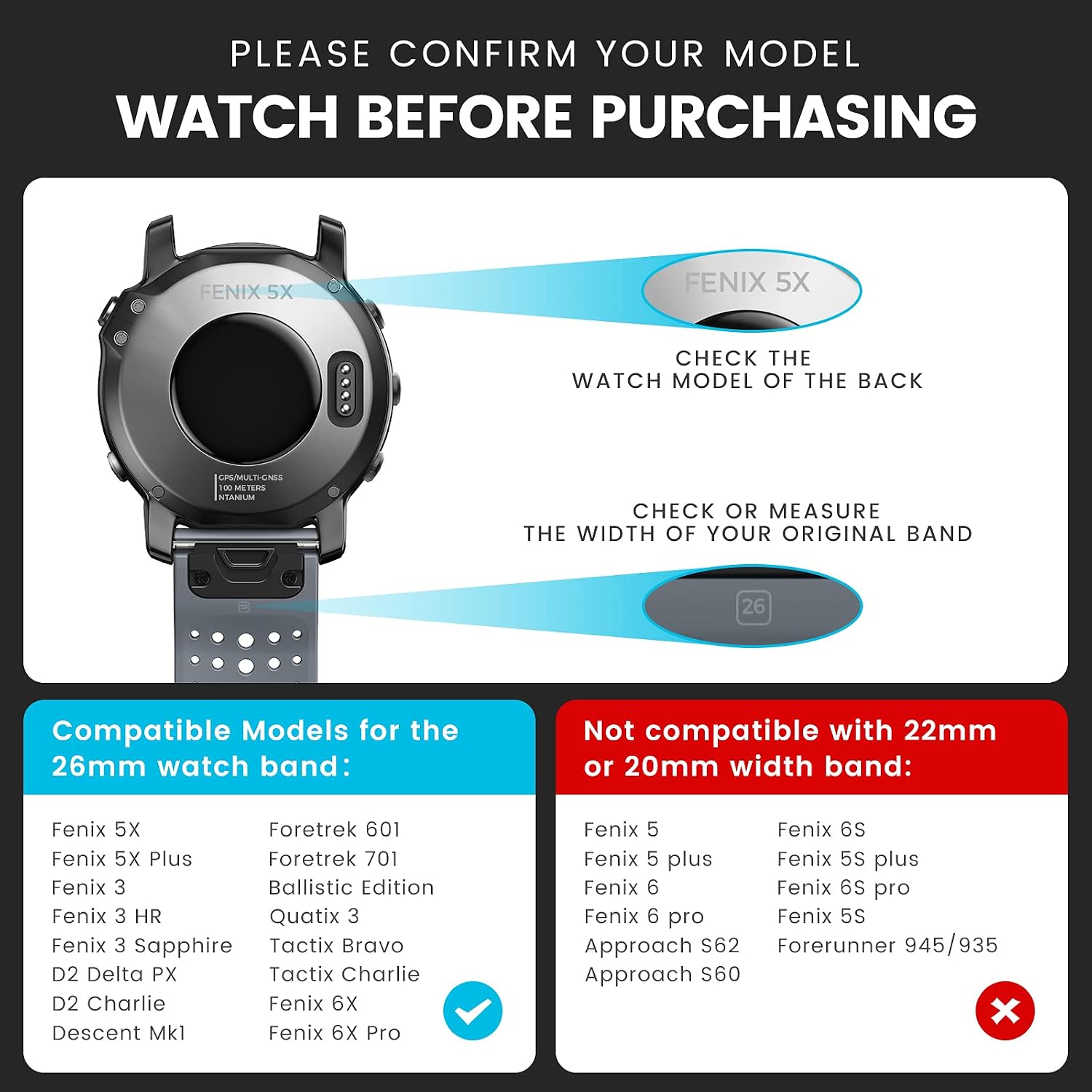 NotoCity for Garmin Fenix 5X/Fenix 6X/Fenix 7X Strap Easy Fit 26mm Silicone Watch Band Repalcement Strap for Fenix 5X Plus/Fenix 6X/Fenix 6X Pro/Fenix 7X/ 2 Delta PX/Descent Mk2 Smartwatch - Image 3