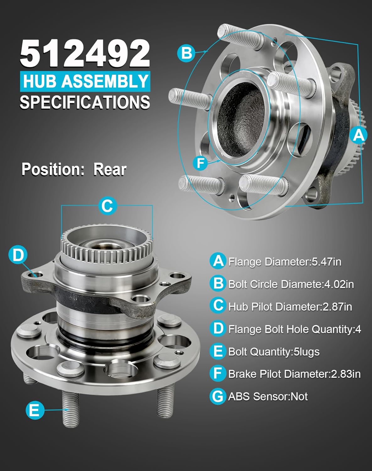 2 Pcs 512492 Rear Wheel Bearing Hub Assembly Compatible with Hyundai Elantra 2011-2016, Elantra Coupe 2013-2014 Elantra GT 13-17 Veloster 12-17, for Kia Forte Koup 2014-2016 Forte5 14-18, 5 Lugs
