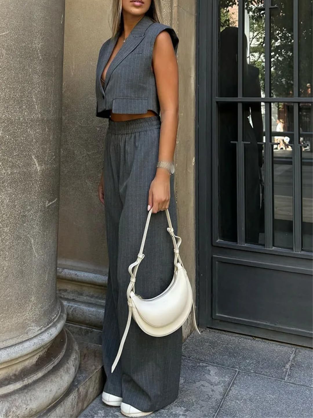 Alloaone 2 Piece Trousers Sets for Women Lapel Sleeveless Short Vest Top + Chic Wide Leg Long Pant