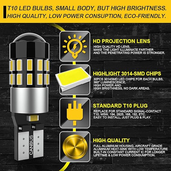 Super Brigte White W5W 912 LED Bulb Plug And Play With No Issues Or Errors,194 T10 Bulb For Interior Lights,Reg lamp lights,168 Bulb For Reading Lights,Daylight Running Lights,6000K(4-Pack)