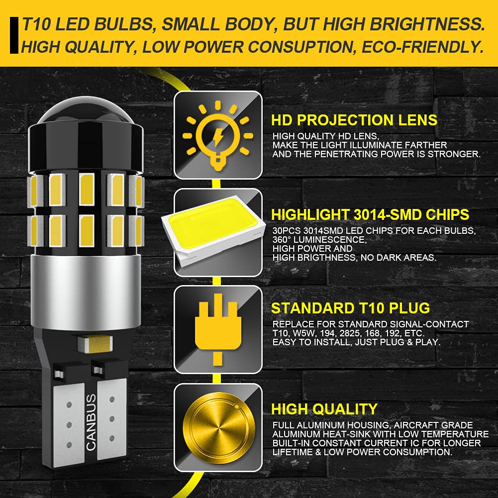 W5W T10 168 Lampadine LED CanBus Senza Errori 3014 30SMD per Interni Auto Luci a Cupola Luci di Lettura Luci Della Targa Luci di Posizione, DC 12-24V 6000K Xenon Bianco (4 Pezzi)