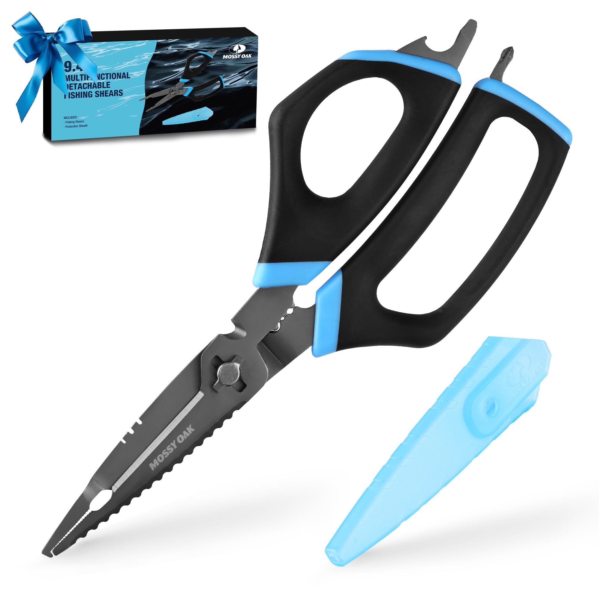 Mossy Oak Fishing Scissors, Multifunction Detachable Fishing Shears with Fish Pliers, Fish Scaler, Bottle Opener and Screwdriver Function, Sheath, Stainless Steel, PP+TPR Handle, Ideal for Fishing Use