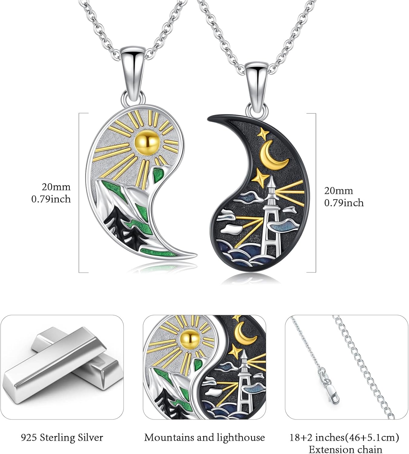 925 Sterling Silver Sun Moon Couples Necklace Set, Mountain and Lighthouse Yin Yang Pendant, 18+2" Chain - Image 4