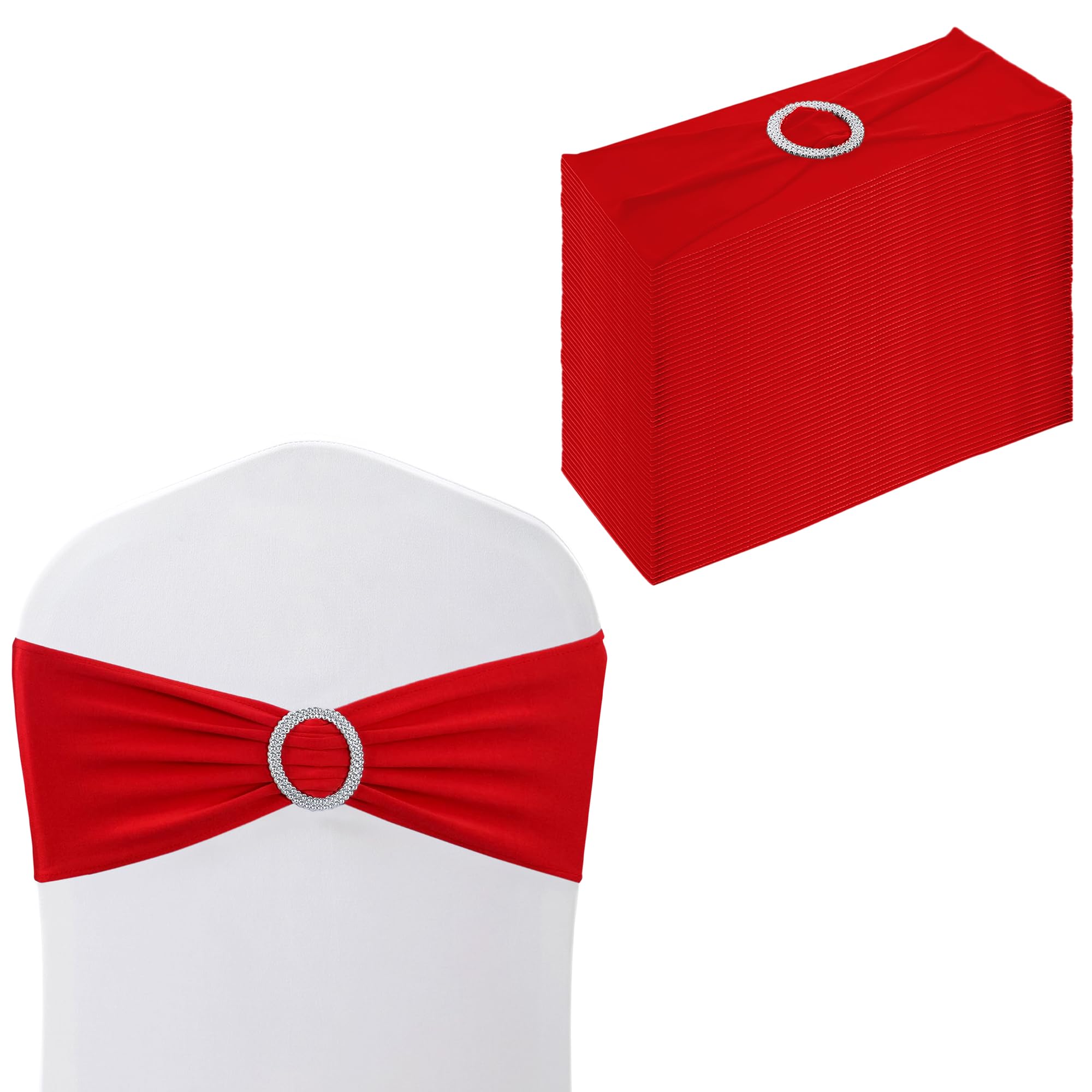 WedDecor Stretch Chair Bands Plain Spandex Band with Slider Buckle for Wedding Party Chair Decoration, Events Supplies, Formal Meeting, Red, 13 x 6 Inches, 50pcs