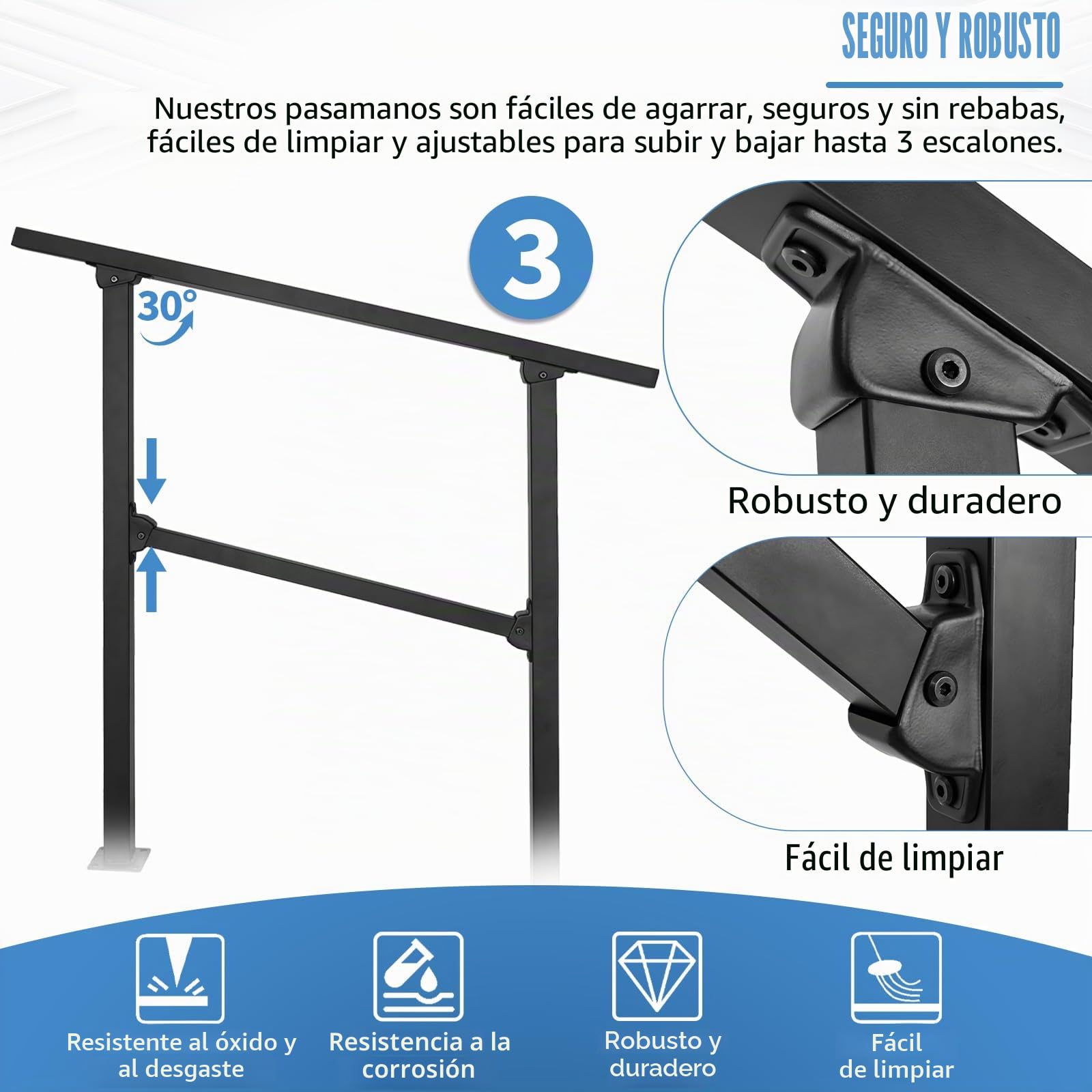 OUUTMEE 100cm Barandilla para Pasos escalones exteriores de hierro forjado para escaleras, ajustable para 2-3 escalones, barandilla de terraza, kit de barandilla interior para escalones de