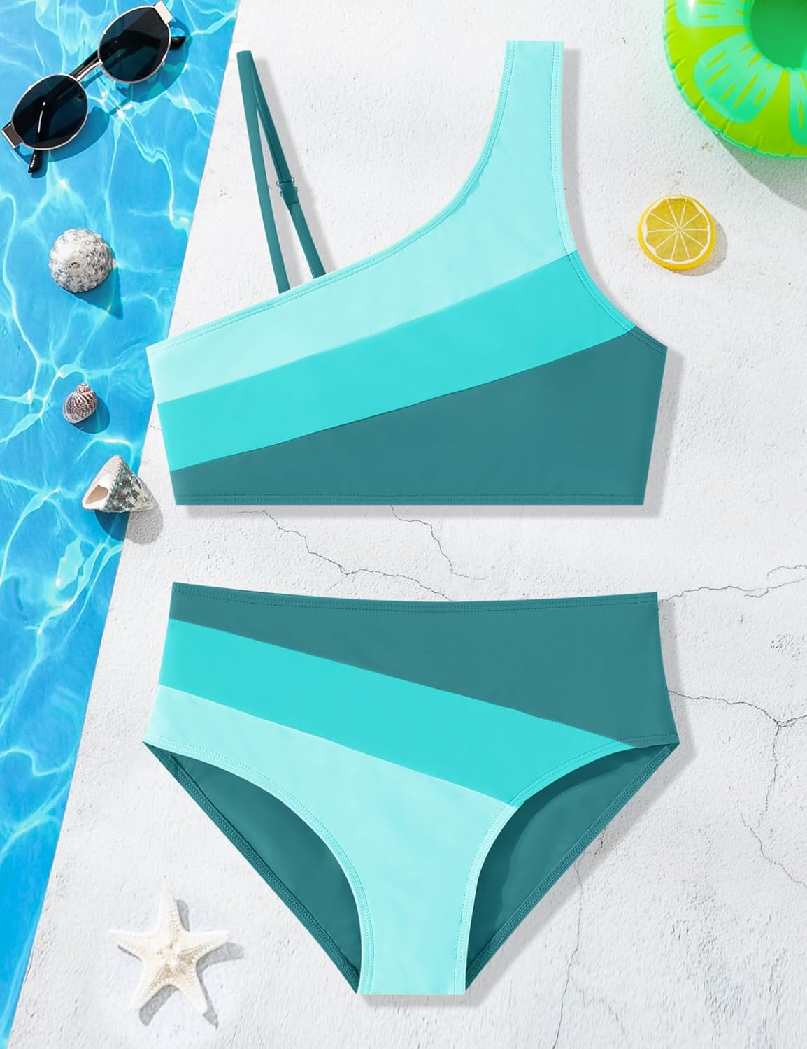 Girls Bikini Set - One Shoulder Color Block High Waisted Two Piece Swimsuit for 7-16 Year Old Preteens & Teens