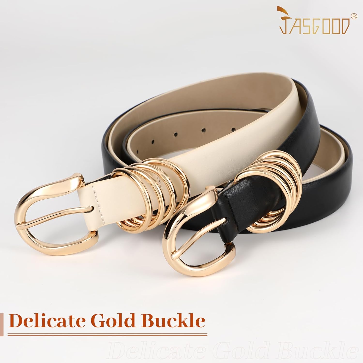 JASGOOD 2 Pack Women's Leather Belts for Jeans Pants Fashion Ladies Dress Waist Belts with Gold Buckle - Image 2